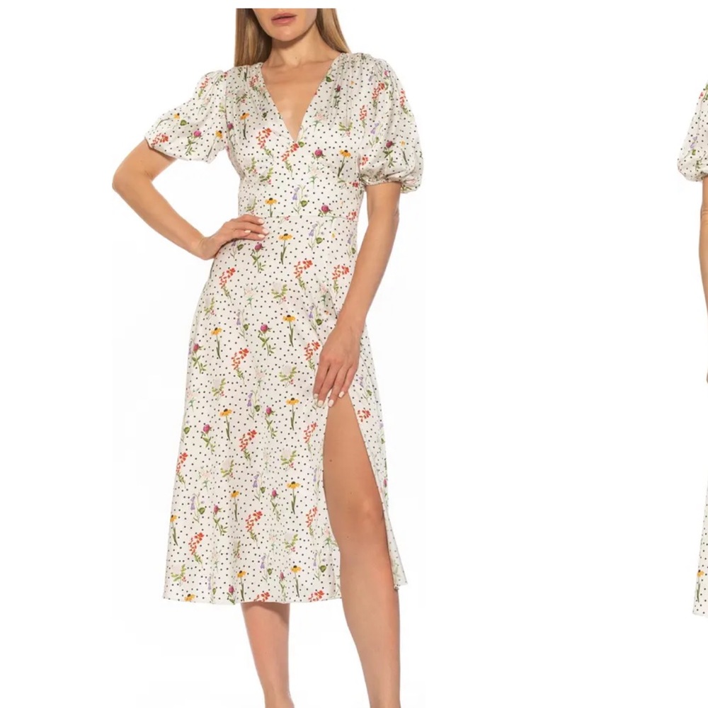 ALEXIA ADMOR V-Neck Puff Sleeve Midi Dress